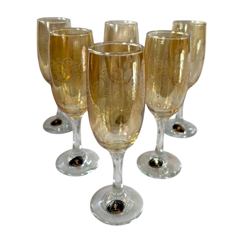 Cristalleria Fumo Champagne Flutes Set of 6 Handmade Vintage Gold Yellow Glasses